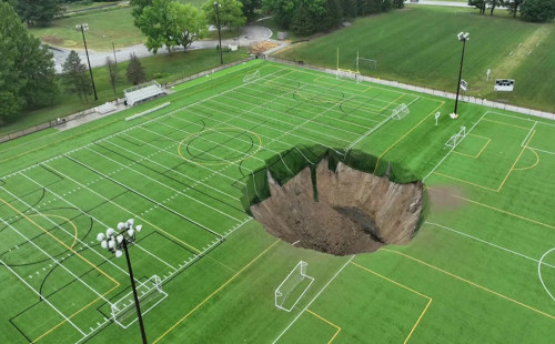 হঠাৎ করে ফুটবল মাঠে সৃষ্টি হলো ৩০ ফুট গভীর গর্ত 